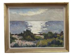 Gerda Boberg : View out to sea at sunset across sand dunes, oil on canvas,