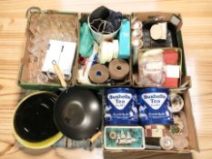 A group of dinner plates, drinking glasses, home wares, tins, etc.