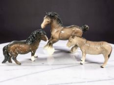 A Beswick brown gloss cantering horse, a pony and a donkey.