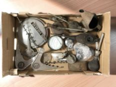 A group of vintage oil cans, car parts, Negretti & Zambra humidity gauge, etc.