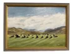 June Colvin : Rocks on a hill in a Cumbrian landscape, oil on board, 34 cm x 24 cm.