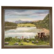 June Colvin : View across a lake towards a hillside, oil on canvas, 50 cm x 39.5 cm.
