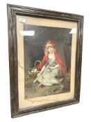 A 19th century chromolithographic print depicting a child with a red cape, 44 cm x 60 cm.