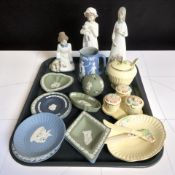 A group of Wedgwood Jasperware dishes in various colours, Crown Devon preserve pot, similar cruet,