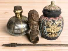An African hardwood bust, height 31 cm, a decorative silvered and gilt metal jar with wooden lid,
