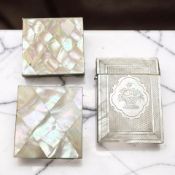 A Victorian mother of pearl calling card case, together with two other examples, both lacking lids.