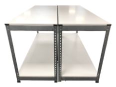 A pair of metal and MDF tables, with undershelf, each 185 cm x 62 cm x 93 cm.