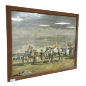 After A J Munnings : Race horses in a paddock, colour print, 62 cm x 48 cm.