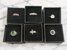 Six various silver gem-set dress rings, in boxes.