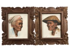 Oriental School : A pair of portrait studies of an elderly woman and gentleman, oil on canvas,