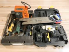 A group of hand and power tools, MacAlister reciprocating saw in case, etc.