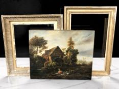 19th Century School : A lady washing clothes by a water mill, oil on canvas,