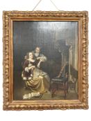 Flemish School : Musicians with a dog by a fire place, oil on canvas, 31 cm x 38 cm.