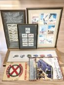 A group of racing and motoring related prints, montages of cigarette cards,