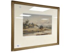 E W Evans : A thatched cottage by a stream, watercolour, 33 cm x 22 cm.