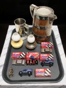 A group of Corgi die cast models, two small oil lamps, pewter tankard,