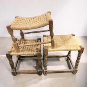 Three oak and rattan stools.