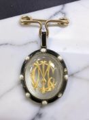 A Victorian black enamel, split pearl and rock crystal memoriam brooch/pendant,