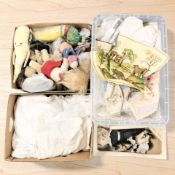 A collection of dolls, soft toys, vintage linen, etc.