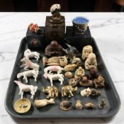 A group of oriental resin and pen work figures, other metal and porcelain animal ornaments,