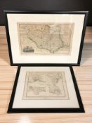 A 19th century engraved and hand coloured map of Durham, in contemporary frame,