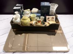 An Art Deco peach tinted mirror, together with a box of assorted ceramics, Aynsley porcelain vases,