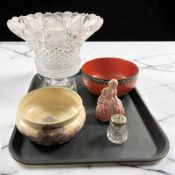 A 19th century cut crystal pedestal bowl, height 23 cm, together with a Maling bowl on red ground,