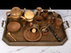 An octagonal oak twin handled serving tray, width 65 cm, together with various treen.