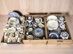 A collection of Willow pattern ceramics including Burleigh Ware, Myott, commemorative mugs,