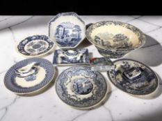 A group of Spode blue and white willow pattern ceramics.