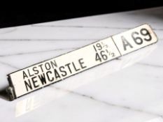 A cast iron A69 road sign showing Newcastle and Alston, length 150 cm.