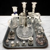 Several crystal candlesticks, etched stein, ink well, sifters, etc.