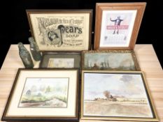 A group of pictures and prints, watercolour studies, antique R Fenwick lemonade bottle,