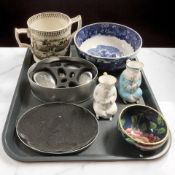 A set of graduated weights, a Maling lustre three footed bowl, twin handled steeple chase mug,