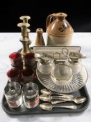 A pair of Victorian brass candlesticks, stoneware flagon and bottle, glass wares, plated tea spoons,