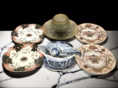 A group of blue and white willow pattern ceramics, ribbed glass vase and similar pedestal dish,