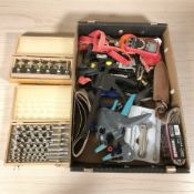 Assorted modern tools, set of Auger bits, sanding belts, etc.