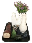 A Canadian nephrite carving of a bear, green glass figure of Buddha, various pottery vases, etc.