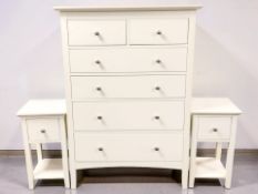 An IKEA six drawer chest, width 87 cm, and a pair of bedside chests.