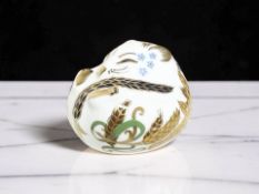 A Royal Crown Derby Dormouse paperweight, with gold stopper and original box.
