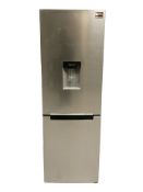 A stainless steel fridge freezer with water dispenser.