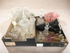 A group of studio glass vases, crystal and pressed glass vases, bowls, decanters.