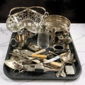 EPNS items including a swing handled basket, vesta case, various cutlery, sifters, etc.