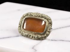 A Victorian gold and carnelian memorial brooch, the reverse engraved 'Ann Pyle', width 28mm.