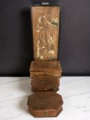 An oriental hardstone inlaid panel, height 49 cm, and three brass inlaid hardwood trinket boxes.