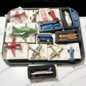 A group of Matchbox die cast vehicles including fighter aircraft, Thunderbirds, classic cars, etc.