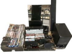 An LG speaker, a further sound bar, a waterproof TV, Blu-ray player, various video games and DVDs,