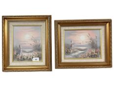 Philip Sandee : Two oils on canvas depicting girls standing amongst flowers looking out to sea,