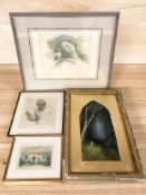 A group of pictures and prints, gilt framed oil on board of a lady in a forest, etc.