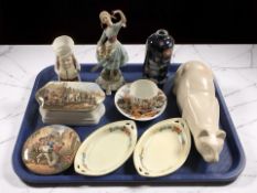 A Prattware pot lid and similar trinket box, polished marble figure of a cat, various cabinet china,